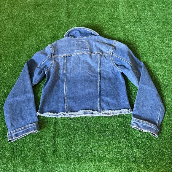 SO Raw Hem Classic Trucker Denim Blue Jeans Timeless Jacket Size L (10/12) - Picture 9 of 12